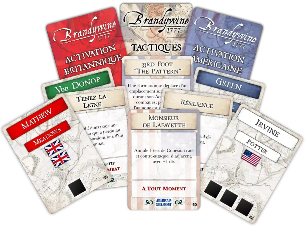 Quelques exemples de cartes à jouer du jeu Brandywine, 1777: A Time For Heroes.
